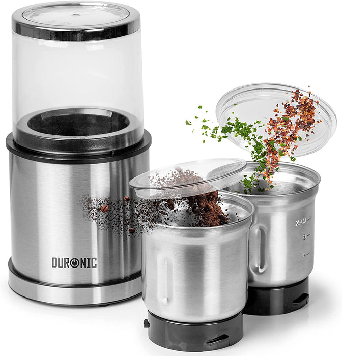 Duronic CG421 Macinacaffè Elettrico 200W 2 in 1 | 2 contenitori rimovibili 75g o 220 ml | 2 Lame per ingredienti umidi o secchi | Facile da pulire | Mini tritatutto | Macina caffè Spezie Frutta secca