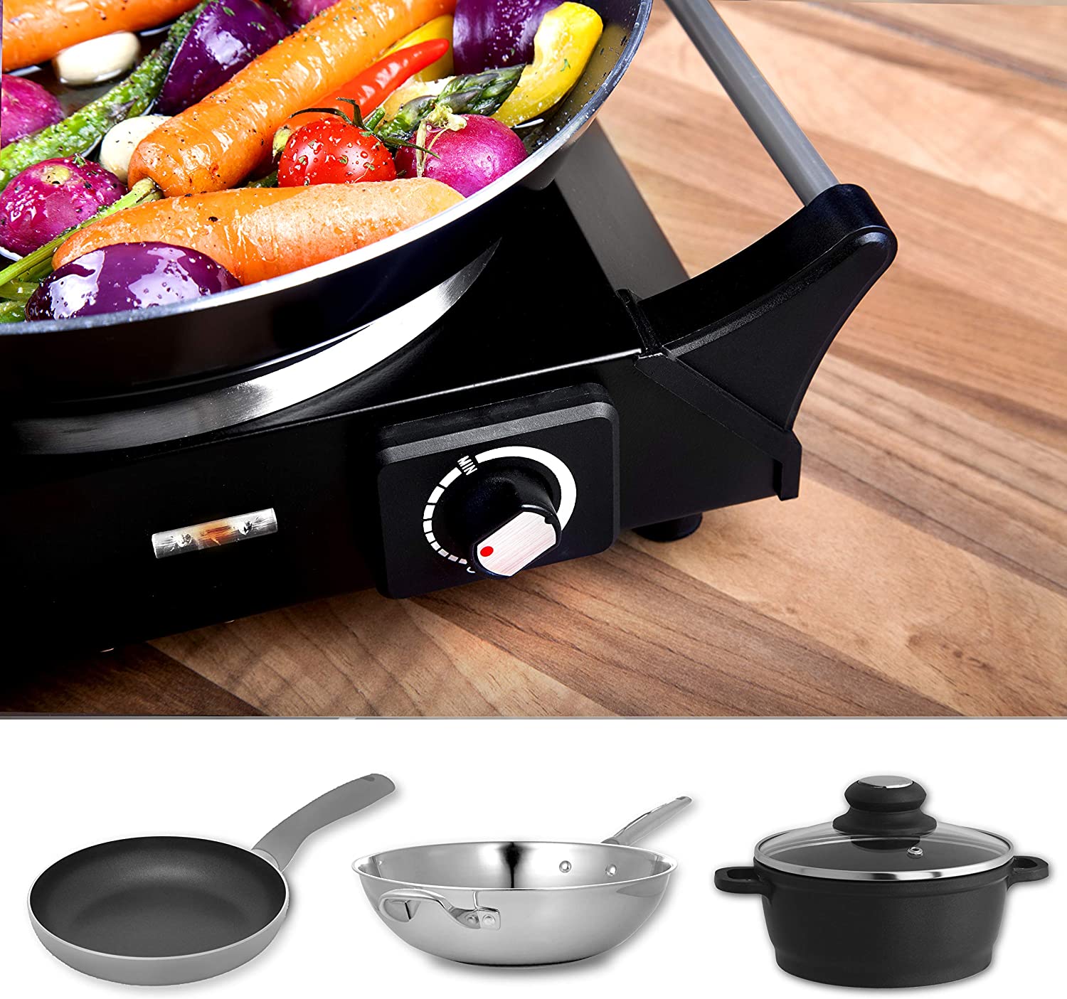 Duronic HP1 BK Fornello elettrico 1500W | 1 Piastra elettriche in ghisa con manici per il trasporto e Temperatura regolabile | Piano cottura 1 fuoco ideale per campeggio esterno o interni | Nero