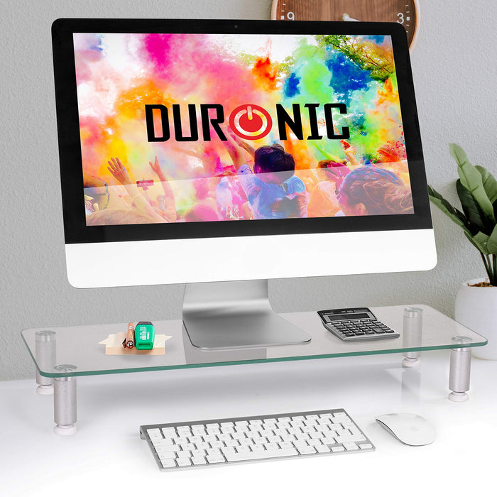 Duronic DM052-3 Supporto monitor scrivania dimensioni 70 x 24 cm - Supporto da tavolo regolabile per monitor e Laptop - Vetro temperato - Capacità 20kg - Mensola ergonomica per scrivania