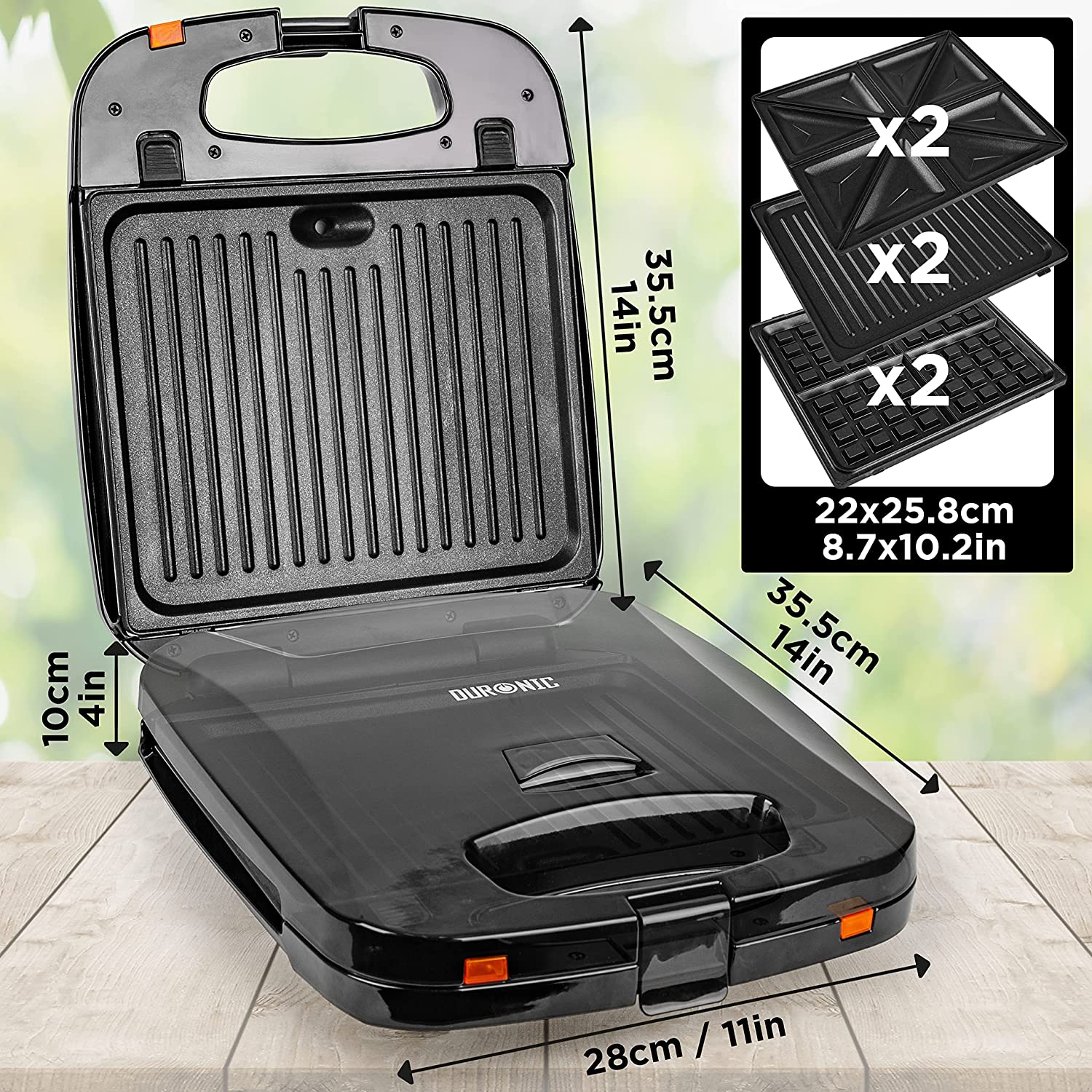 Duronic SWM60 Macchina per Waffle 3 in 1 1200W | Pressa per panini | 3 set di piastre intercambiabili | 4 Waffle o grill con piastre antiaderente rimovibili per una facile pulizia | Cuoci Sandwich