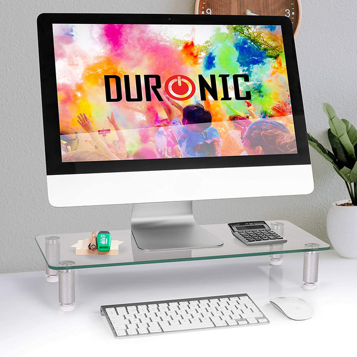 Duronic DM052-1 Supporto monitor scrivania dimensioni 56 x 24 cm - Supporto da tavolo regolabile per monitor e Laptop - Vetro temperato - Capacità 20kg - Mensola ergonomica per scrivania