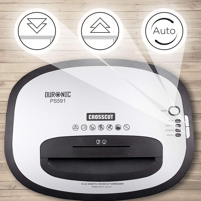 Duronic PS591 Distruggidocumenti 22 fogli A4 - Capacità 33 L - Funzione distruggi carte di credito e CD Taglio incrociato Ideale per casa e ufficio