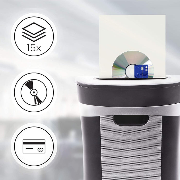 Duronic PS581 Distruggidocumenti 15 fogli A4 - Capacità 22 L - Funzione distruggi carte di credito e CD Taglio incrociato Ideale per casa e ufficio