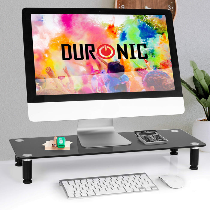 Duronic DM052-4 Supporto monitor scrivania dimensioni 70 x 24 cm - Supporto da tavolo regolabile per monitor e Laptop - Vetro temperato nero - Capacità 20kg - Mensola ergonomica per scrivania