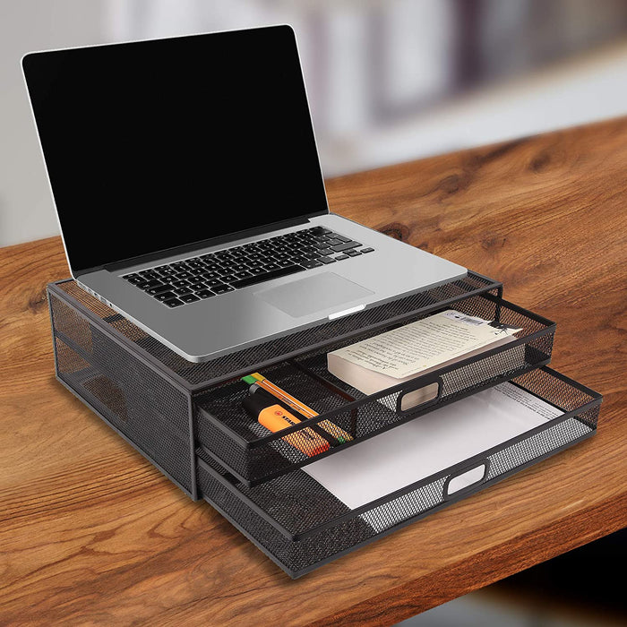 Duronic DM073 Supporto Monitor con 2 cassetti | Capacità 10 kg | Dimensioni 40 cm x 30 cm | Supporto da Tavolo in Metallo | Piattaforma ergonomica per Monitor Laptop Tablet | Con Porta oggetti