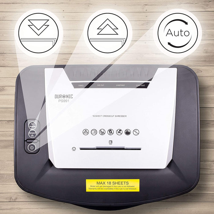 Duronic PS991 Distruggidocumenti 18 fogli A4 - Taglio incrociato 4x28 mm - Capacità 31L - Funzione distruggi carte di credito e CD  Ideale per casa e ufficio