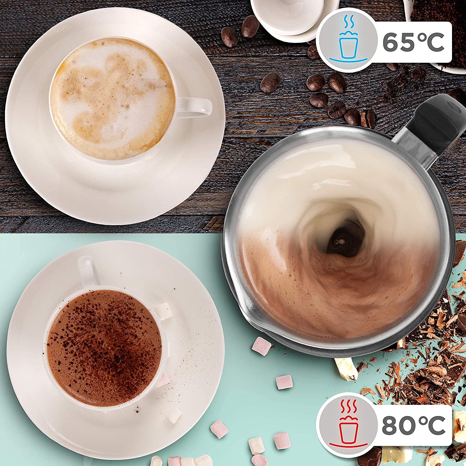 Duronic MF500 BK Montalatte con temperatura ideale di 65°C per schiuma calda e 60°C per latte caldo.