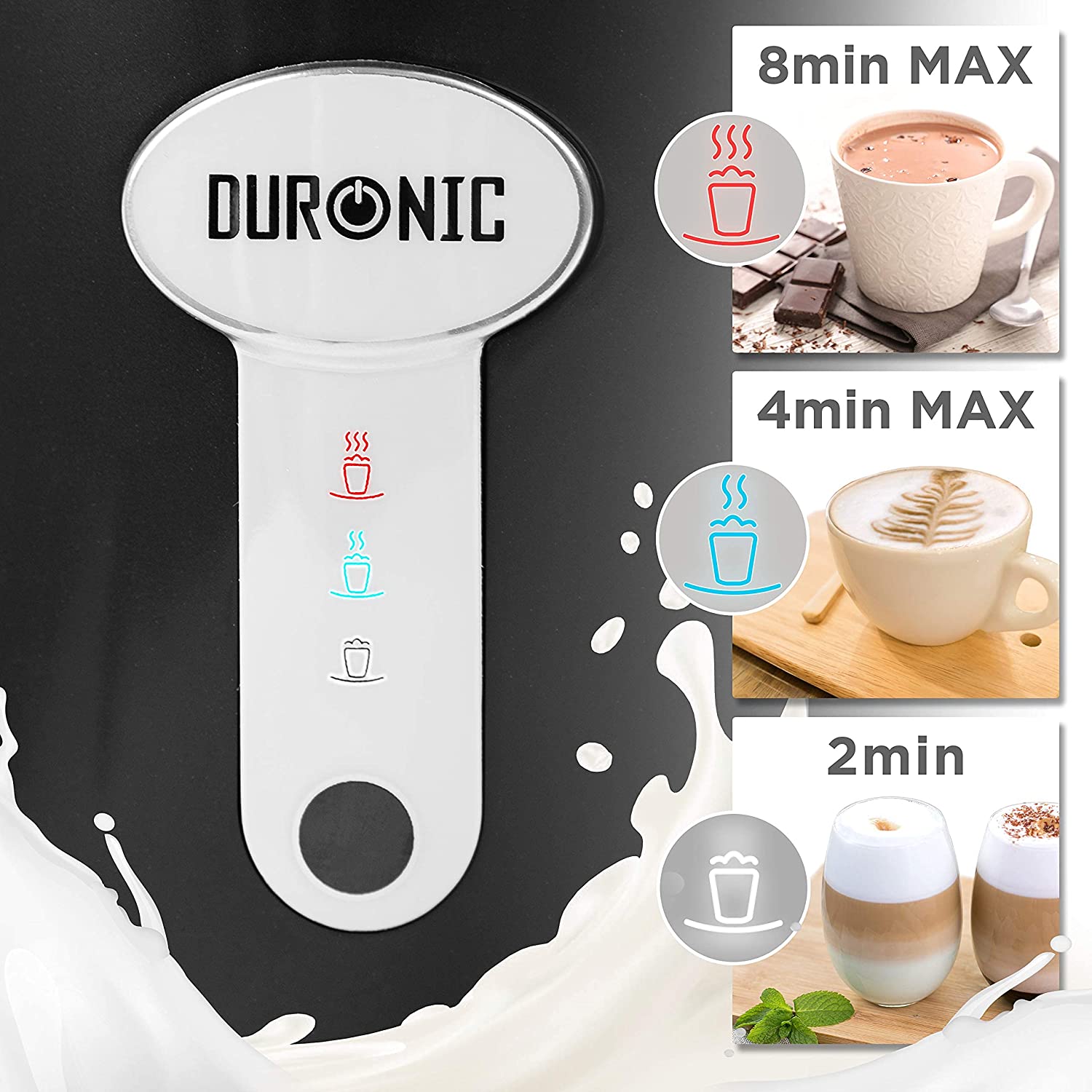 Duronic MF500 BK Montalatte con tempi di preparazione rapidi: schiuma in 2 minuti e latte caldo fino a 8 minuti.