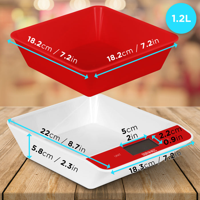 Duronic KS100 RD Bilancia da cucina - Bilancia ad alta precisione con display digitale retroilluminato - Portata 1g / 5 kg - Bilancia con ciotola integrata nera da 1,2L - Funzione Tara