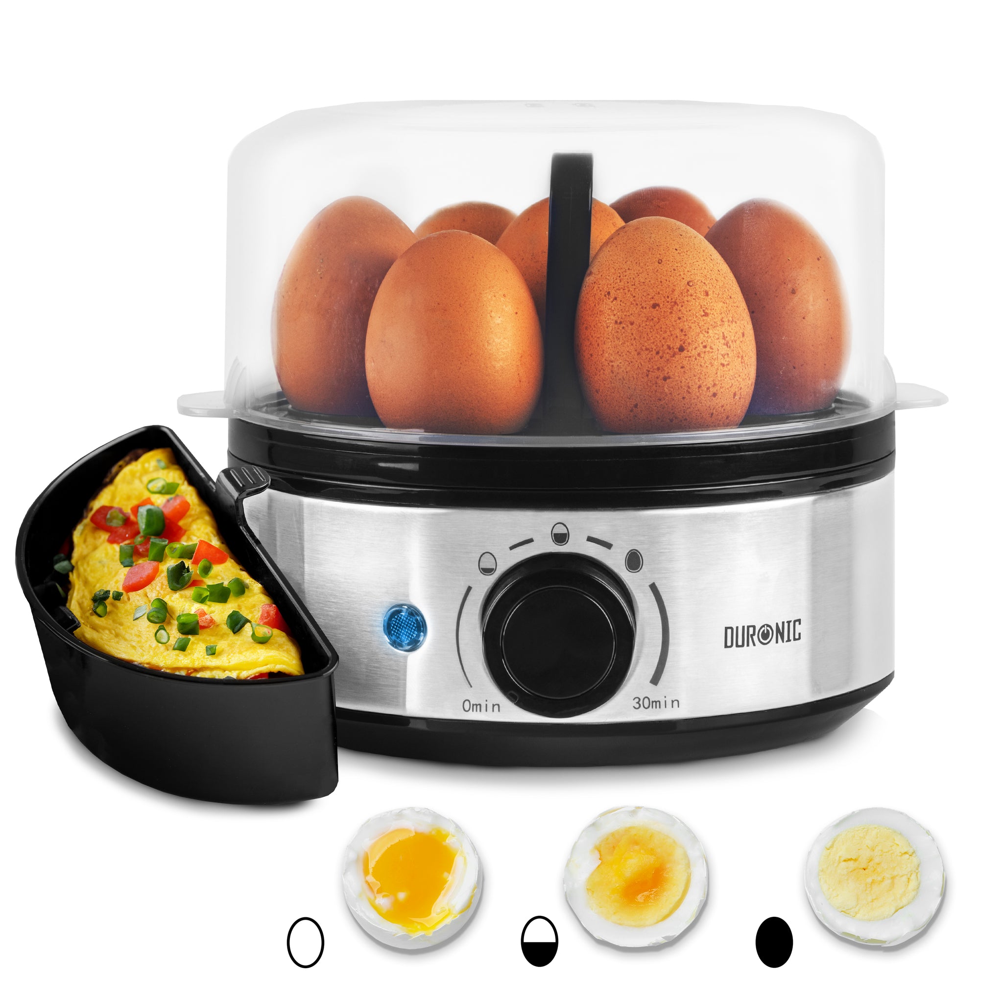 Duronic EB50 BK Cuociuova Elettrico 1-7 Uova 400W – Bollitore Uova con Timer 0-30 Min, 3 Livelli Cottura Sodo Molletto Alla Coque, Spegnimento Automatico con Allarme, Cottura Vapore Verdure Omelette