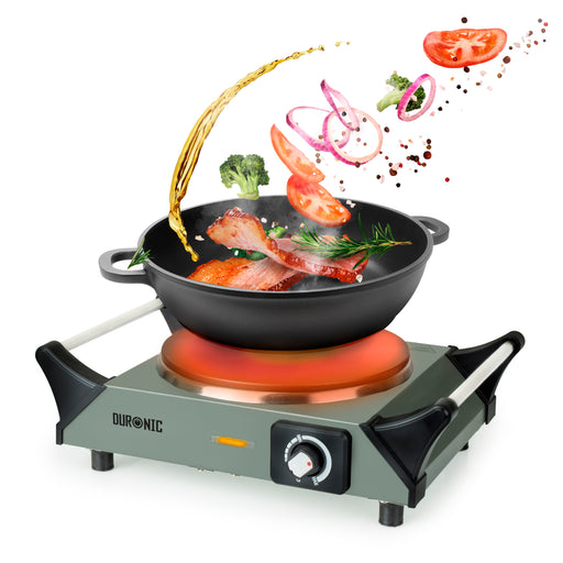 Duronic HP1 GG Fornello Elettrico 1500W con Piastra in Ghisa 1 Fuoco, Temperatura regolabile, manici per il trasporto, piano cottura portatile, per campeggio, casa, ufficio e cucina Grigio Verde