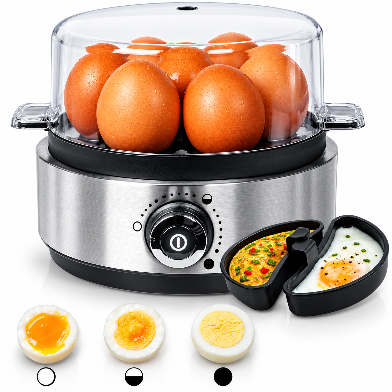 Duronic EB40 BK Cuociuova elettrico, 400W Cuoci uova fino a 7 uova, Bollitore uova per uova Sode Medie Alla coque Cuocitore di Uova, 2 vassoi per Frittata e uovo in camicia, Omelet maker Egg cooker