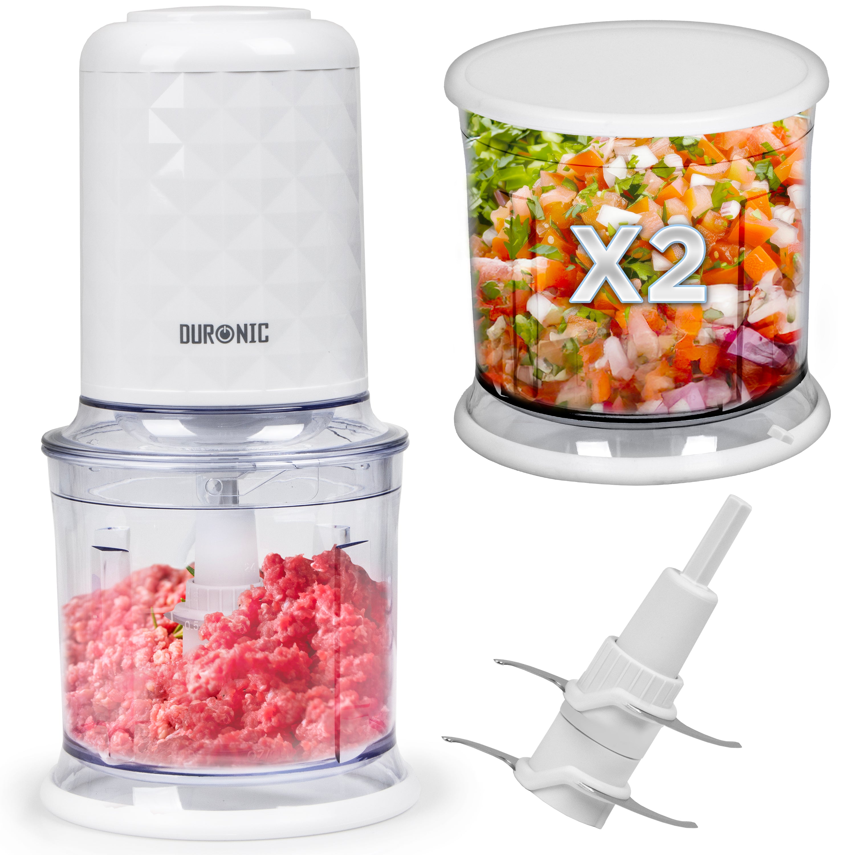 Duronic CH57 WE Mini Tritatutto 500W con 2 Ciotole 700 ml con Coperchio, Robot da Cucina Multifunzione per Verdure Frutta Carne Spezie, 4 Lame Acciaio Inox, Funzione Impulso, Preparazione Salse Bianco