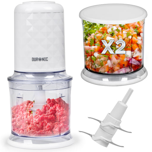 Duronic CH57 WE Mini Tritatutto 500W con 2 Ciotole 700 ml con Coperchio, Robot da Cucina Multifunzione per Verdure Frutta Carne Spezie, 4 Lame Acciaio Inox, Funzione Impulso, Preparazione Salse Bianco