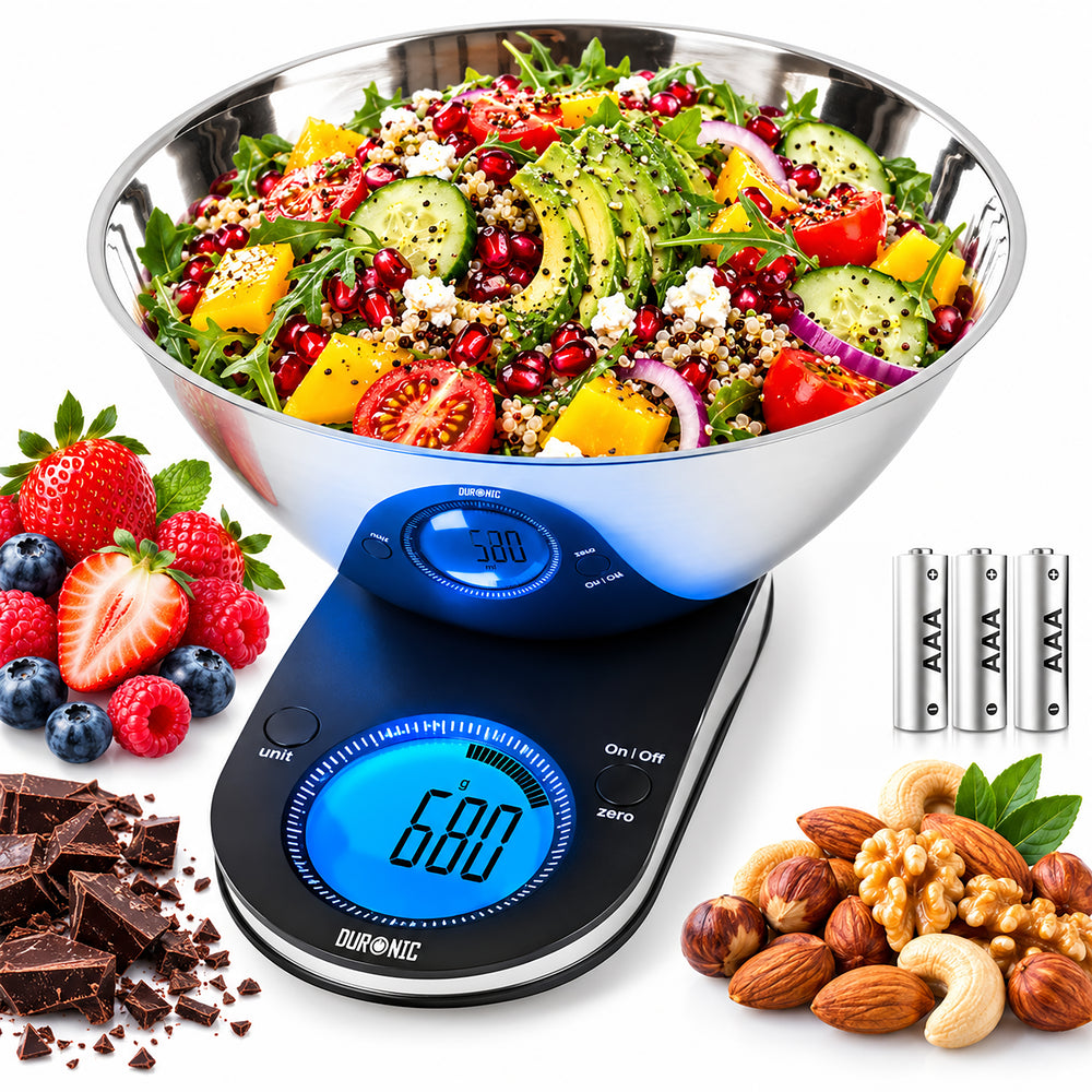 Duronic KS5000 Bilancia da cucina digitale - Alta precisione - Portata 1g / 5 kg - Ciotola INOX 3 lt inclusa - Display retroilluminato e funzione tara - Ideale per cucina e pasticceria