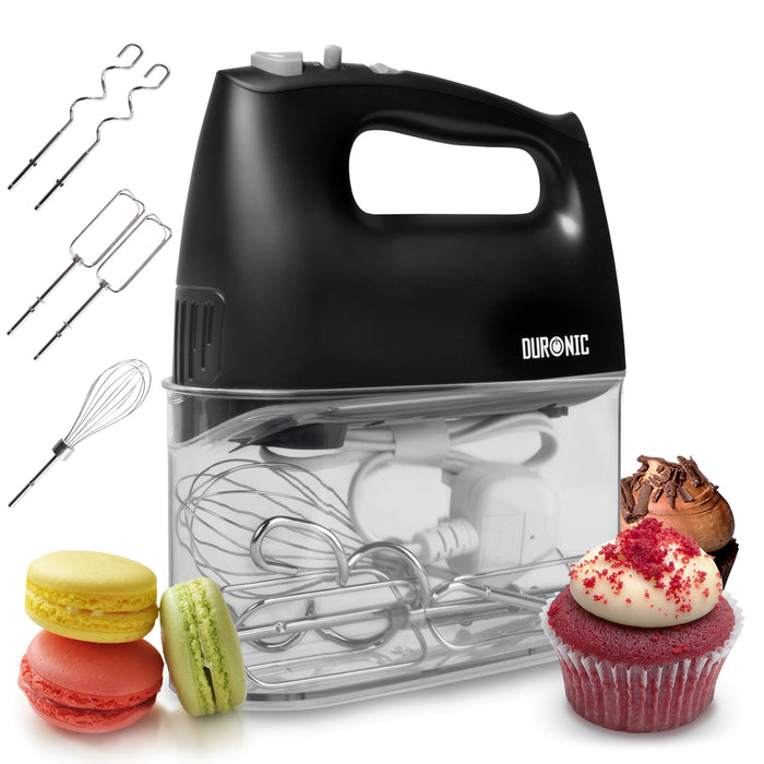 Duronic HM4 BK Sbattitore elettrico 400 W, Mixer 5 velocità e funzione turbo, Frusta elettrica con contenitore per accessori, 2 sbattitori 2 ganci e 1 frusta in acciaio INOX, Nero, Leggero