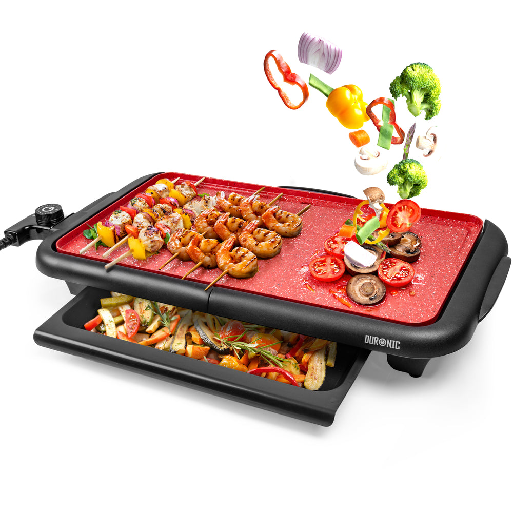 Duronic GP25 Piastra elettrica Antiaderente 2000W Vassoio Scaldavivande, Griglia XL in Ceramica al Titanio, Termostato Regolabile e Removibile Grill fino a 225°C Plancha nero