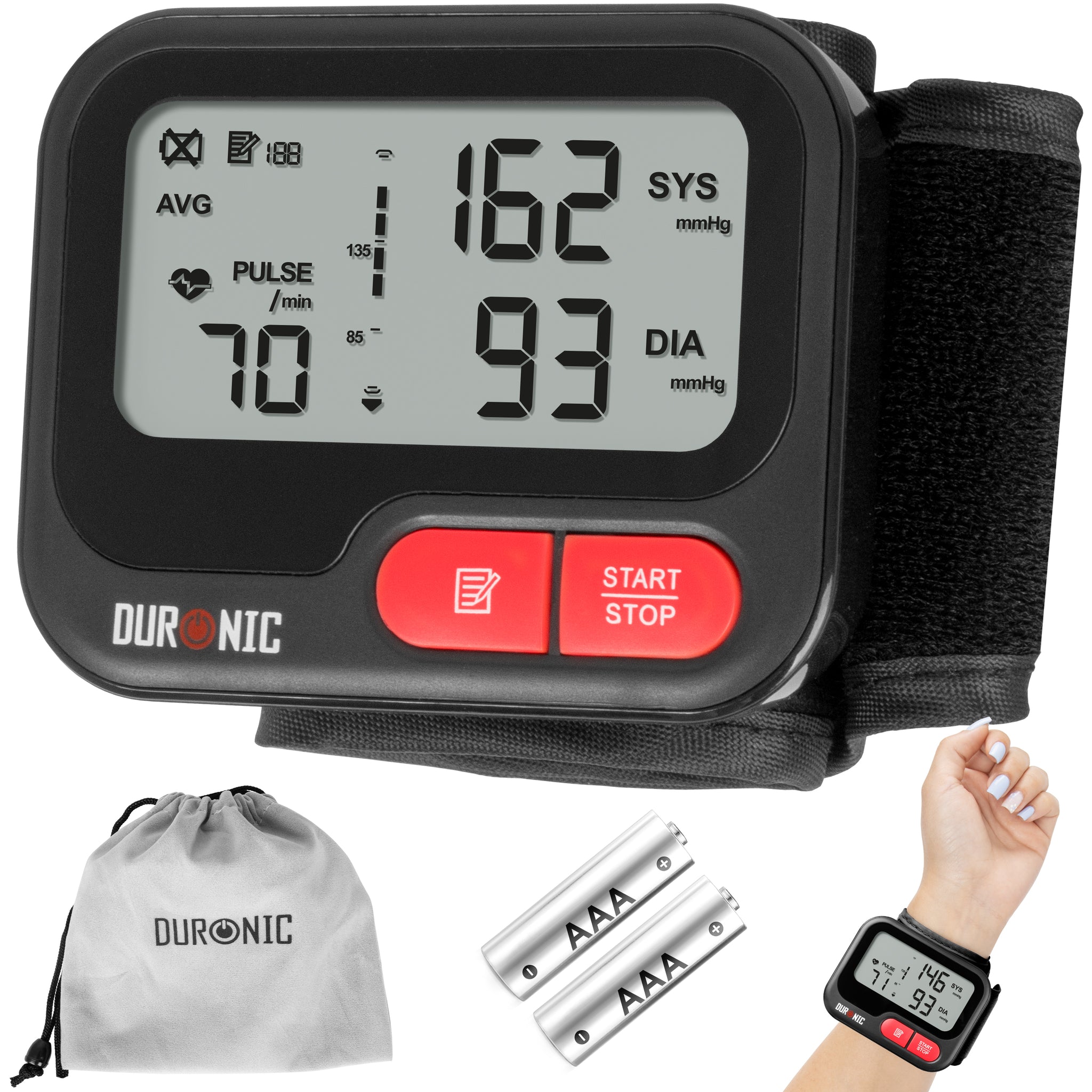 Duronic BPM65 BK Misuratore Pressione da Polso Digitale Automatico, Sfigmomanometro Portatile, Display Retroilluminato, Memoria, Rilevazione Aritmie, Misura Pressione Arteriosa, Battito, Nero