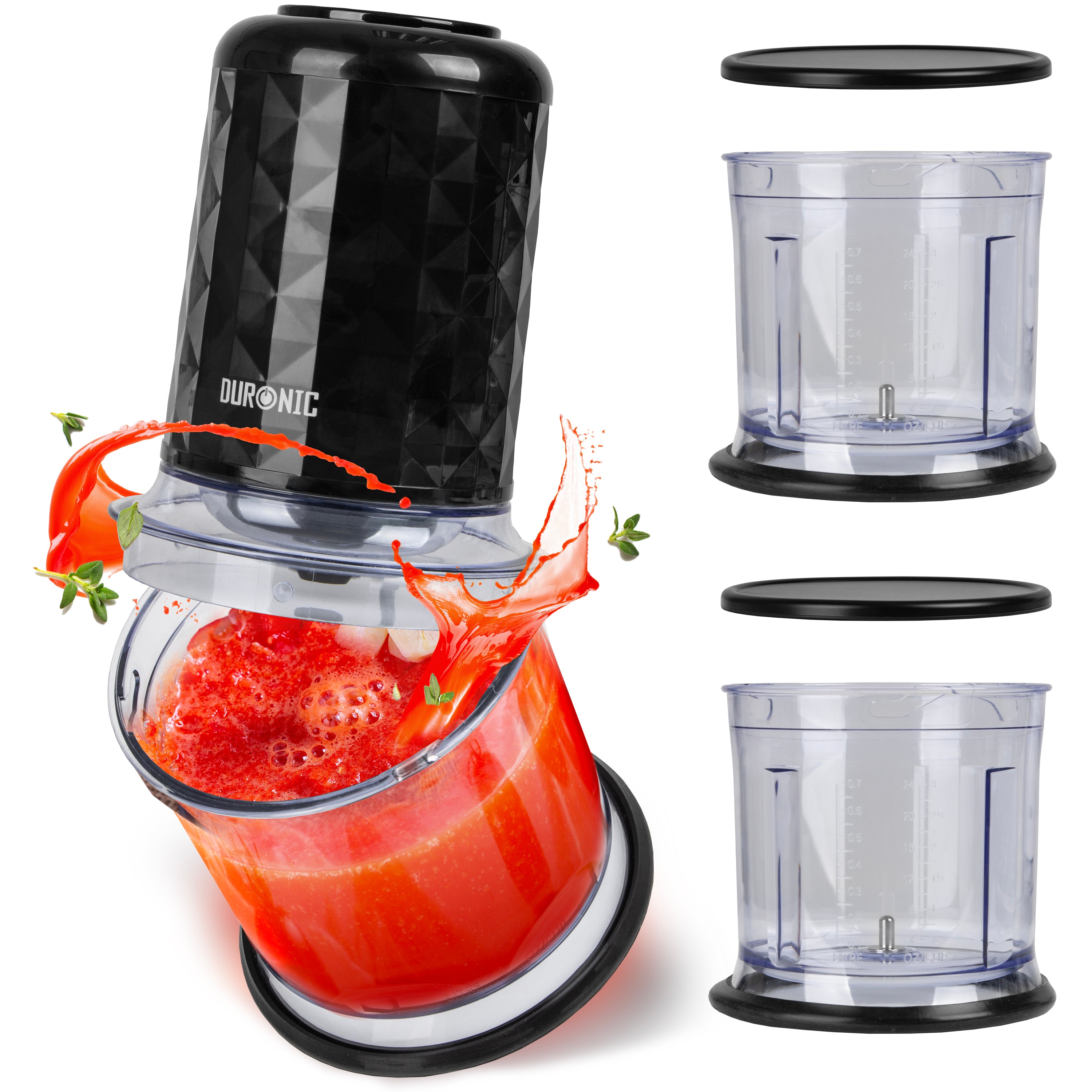 Duronic CH57 BK Mini Tritatutto 500W con 2 Ciotole 700 ml con Coperchio, Robot da Cucina Multifunzione per Verdure Frutta Carne Spezie, 4 Lame Acciaio Inox, Funzione Impulso, Preparazione Salse Nero