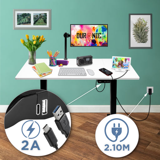 Duronic CD120 BW Scrivania Elettrica Regolabile in Altezza 72-118 cm, Piano 120x60 cm, Portata 70 kg, Postazione Ergonomica Seduto-In Piedi per Ufficio e Telelavoro con Porte USB e USB-C, Bianco