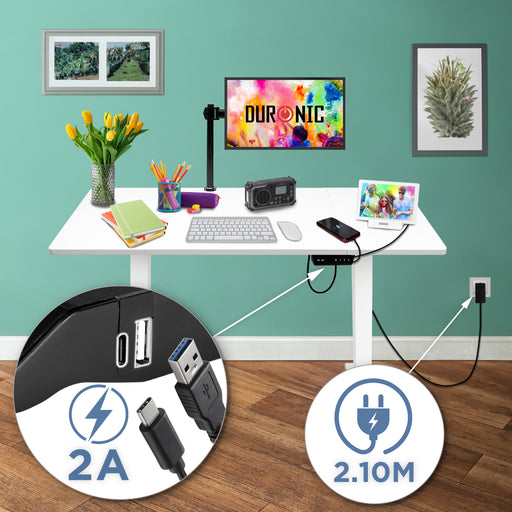 Duronic CD120 WE Scrivania Elettrica Regolabile in Altezza 72-118cm, Piano 120x60cm, Portata 70kg, Postazione Ergonomica per Ufficio e Telelavoro con Porte USB e USB-C, Bianco/Quercia Bianca