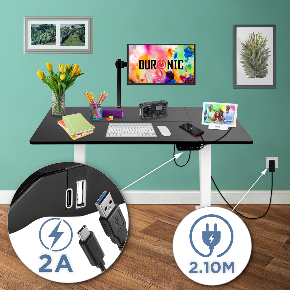 Duronic CD120 WK Scrivania Elettrica Regolabile in Altezza 72-118cm, Piano 120x60cm, Portata 70kg, Postazione Ergonomica Seduto-In Piedi per Ufficio e Telelavoro con Porte USB e USB-C, Bianco/Quercia