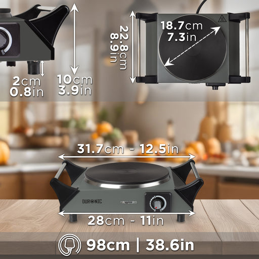 Duronic HP1 GG Fornello Elettrico 1500W con Piastra in Ghisa 1 Fuoco, Temperatura regolabile, manici per il trasporto, piano cottura portatile, per campeggio, casa, ufficio e cucina Grigio Verde
