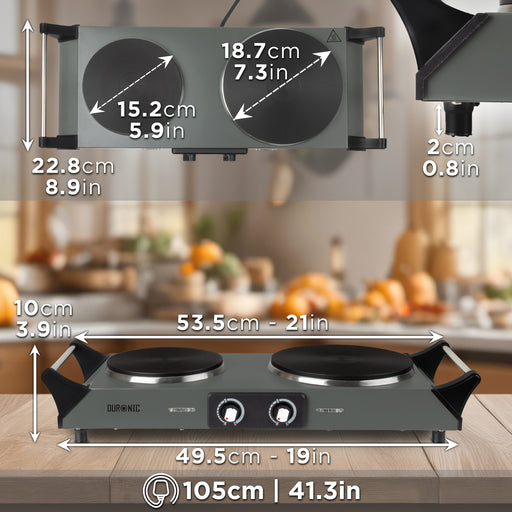 Duronic HP2 GG Fornello Elettrico 2500W 2 Piastre in Ghisa 2 Fuochi Nero, Temperatura regolabile, manici per il trasporto, piano cottura portatile, per campeggio, casa, ufficio e cucina Grigio Verde