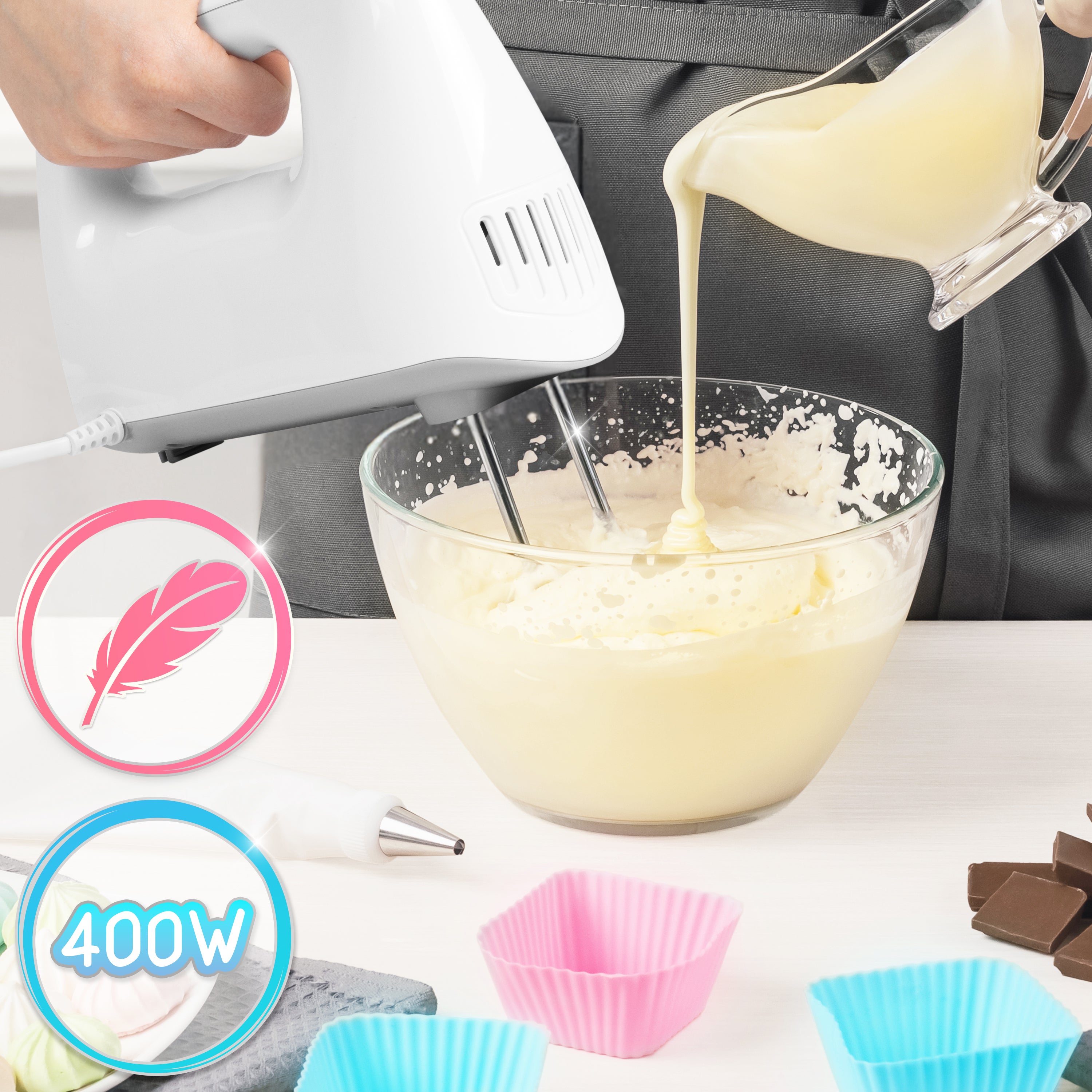 Duronic HM4 WE Sbattitore elettrico 400 W, Mixer 5 velocità e funzione turbo, Frusta elettrica con contenitore per accessori, 2 sbattitori 2 ganci e 1 frusta in acciaio INOX, Nero, Leggero
