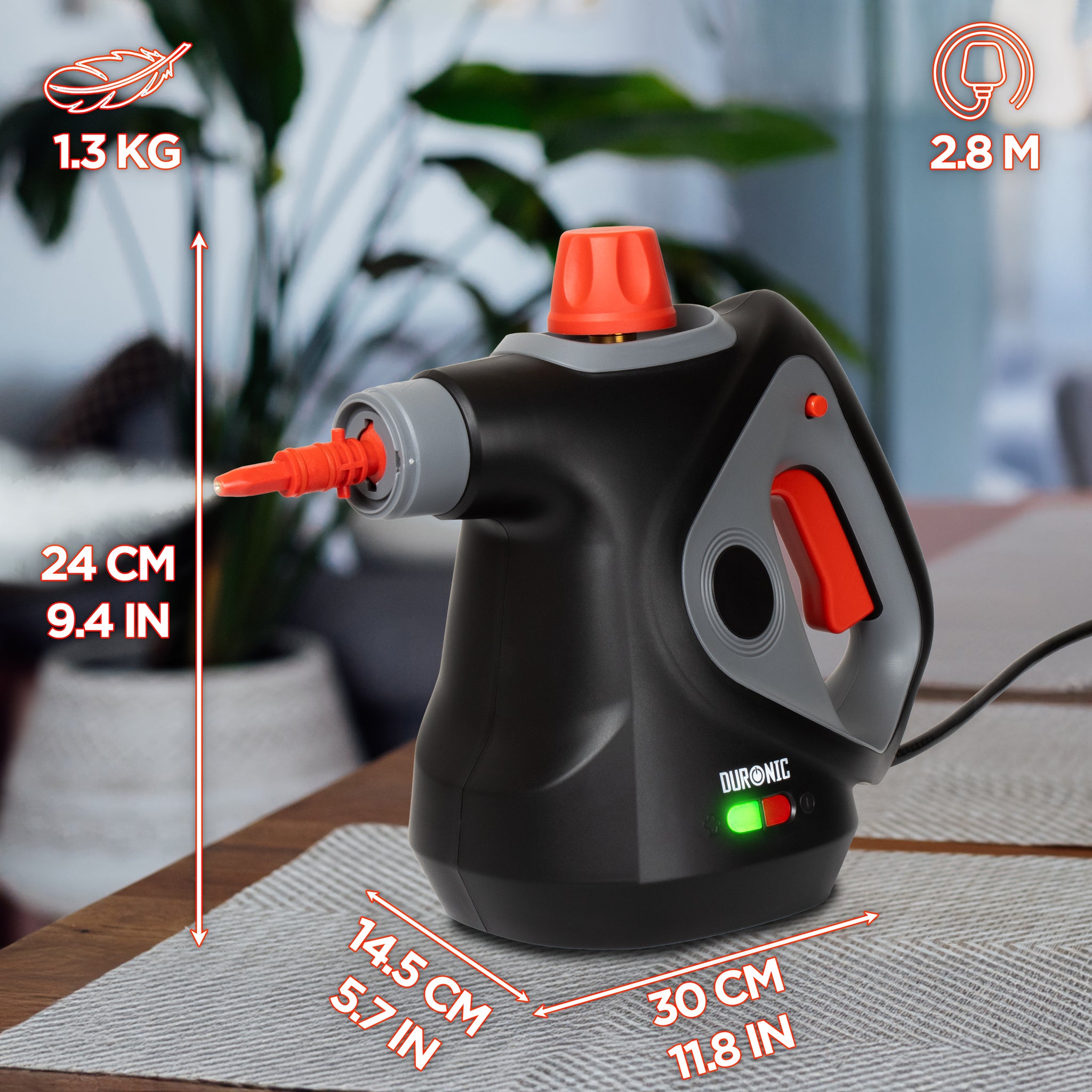 Duronic SC32 BK Pulitore a Vapore Portatile 1050W con Serbatoio 350 ml, Pulizia a Vapore Multifunzione Senza Detergenti per Divani Tessuti Fughe Doccia Forno Cucina Vetri Finestre Auto Nero