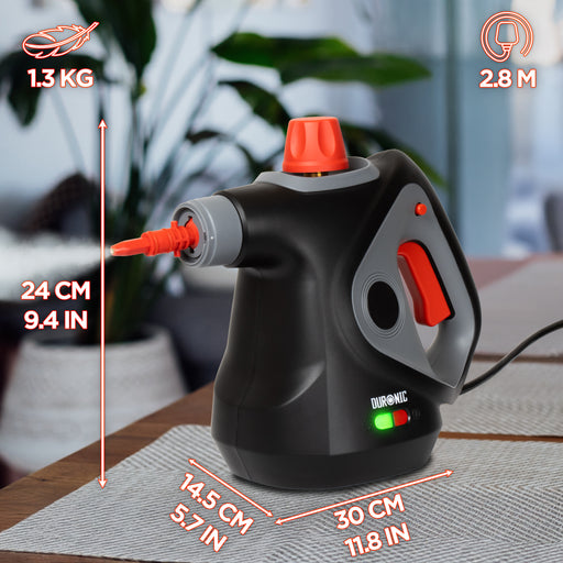 Duronic SC32 BK Pulitore a Vapore Portatile 1050W con Serbatoio 350 ml, Pulizia a Vapore Multifunzione Senza Detergenti per Divani Tessuti Fughe Doccia Forno Cucina Vetri Finestre Auto Nero