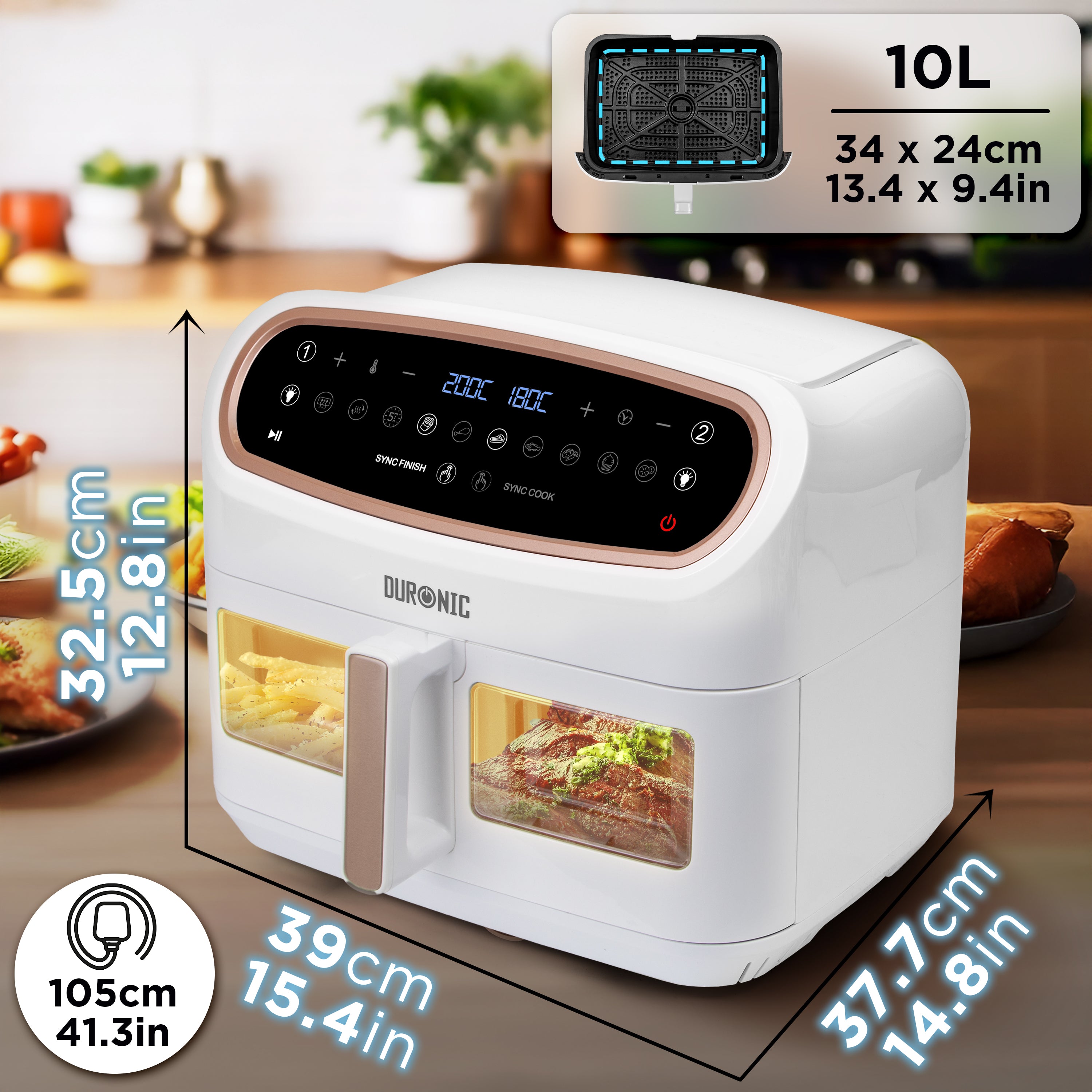 Duronic AF34 WG Friggitrice ad Aria extra grande, Air Fryer 2400W, 2 cestelli da 5L e 1 Cestello da 10L, Friggitrice senza olio 10in1, Friggitrice ad aria calda con finestra di controllo, Friggitrice