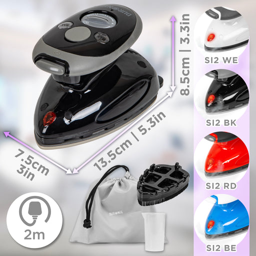 Duronic SI2 BK Mini Ferro da Stiro, Ferro da viaggio a vapore 375 W, Serbatoio 50ml, Steamer portatile con spazzola e borsello da viaggio, Ferro a vapore per lavori di cucito, quilting, Bianco (Copy)