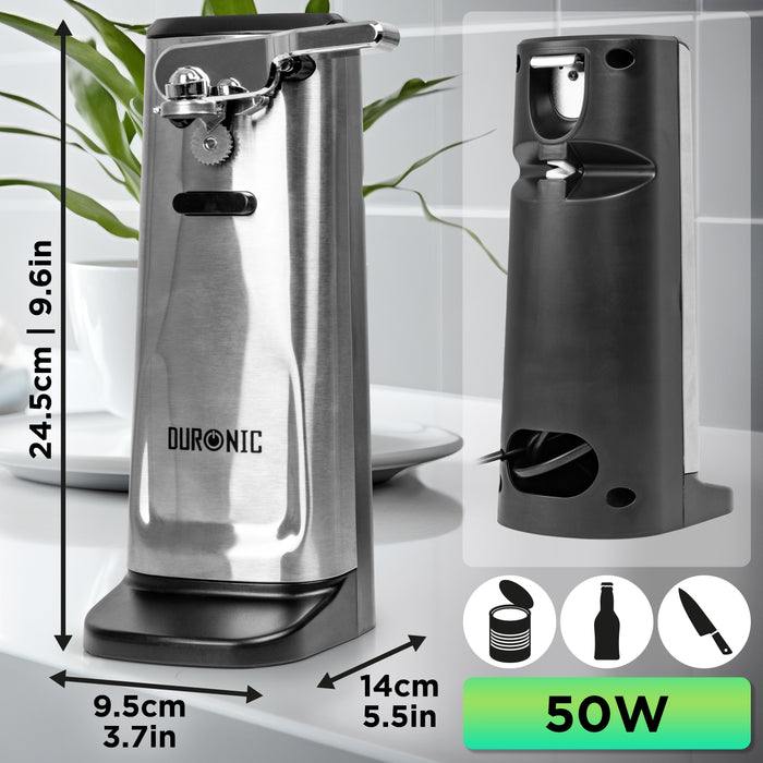 Duronic CO60 Apriscatole Elettrico 50W Automatico, Apri Lattine da Tavolo con Arresto Automatico, Affilacoltelli Integrato, Apribottiglie e Decapsulatore, Can Opener, Facile per Anziani