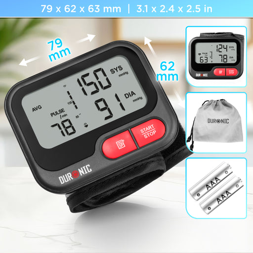 Duronic BPM65 BK Misuratore Pressione da Polso Digitale Automatico, Sfigmomanometro Portatile, Display Retroilluminato, Memoria, Rilevazione Aritmie, Misura Pressione Arteriosa, Battito, Nero