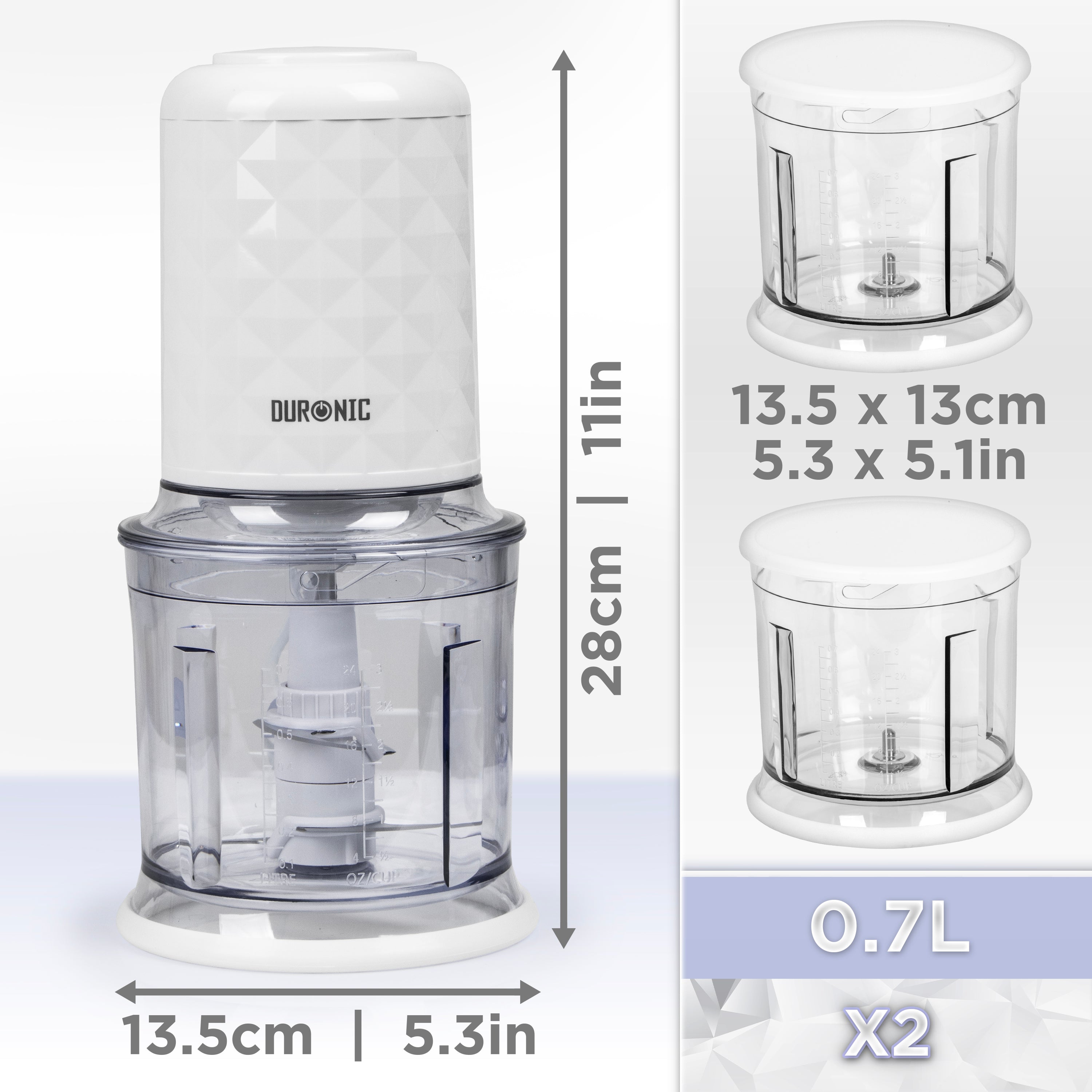 Duronic CH57 WE Mini Tritatutto 500W con 2 Ciotole 700 ml con Coperchio, Robot da Cucina Multifunzione per Verdure Frutta Carne Spezie, 4 Lame Acciaio Inox, Funzione Impulso, Preparazione Salse Bianco