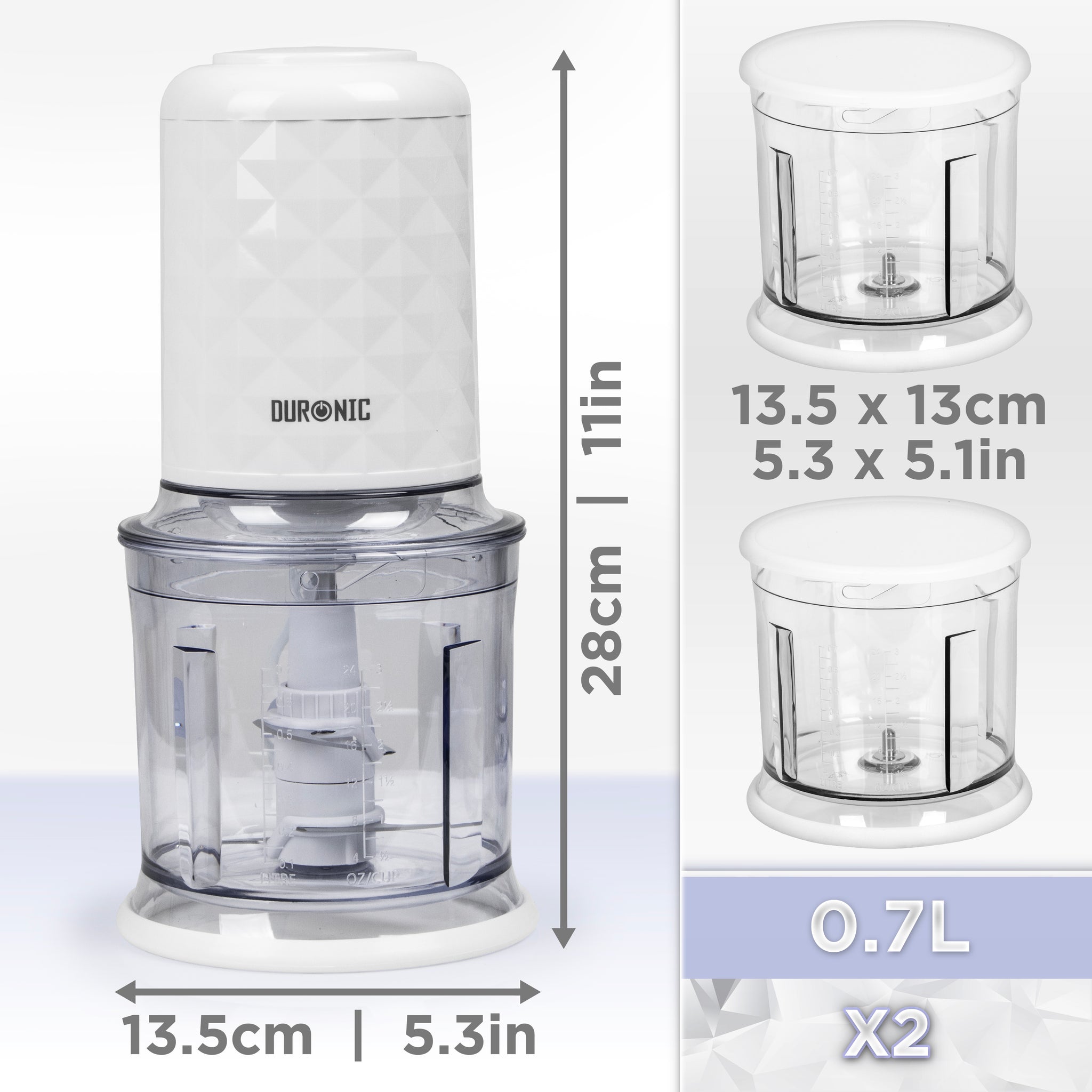Duronic CH57 WE Mini Tritatutto 500W con 2 Ciotole 700 ml con Coperchio, Robot da Cucina Multifunzione per Verdure Frutta Carne Spezie, 4 Lame Acciaio Inox, Funzione Impulso, Preparazione Salse Bianco
