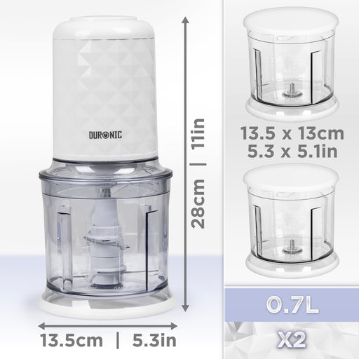 Duronic CH57 WE Mini Tritatutto 500W con 2 Ciotole 700 ml con Coperchio, Robot da Cucina Multifunzione per Verdure Frutta Carne Spezie, 4 Lame Acciaio Inox, Funzione Impulso, Preparazione Salse Bianco