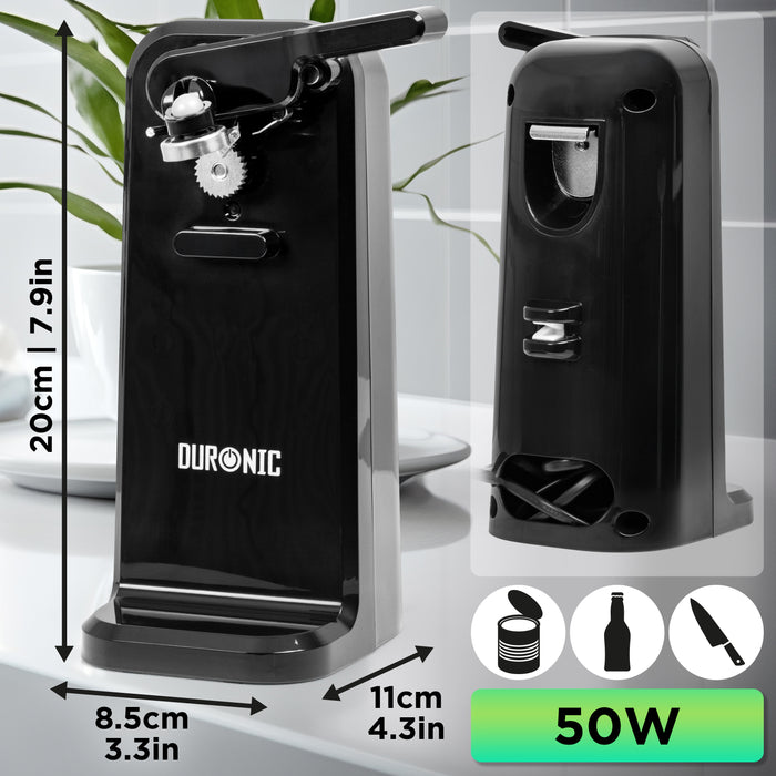 Duronic CO40 BK Apriscatole Elettrico 50W Automatico, Apri Lattine da Tavolo con Arresto Automatico, Affilacoltelli Integrato, Apribottiglie e Decapsulatore, Can Opener, Coperchio