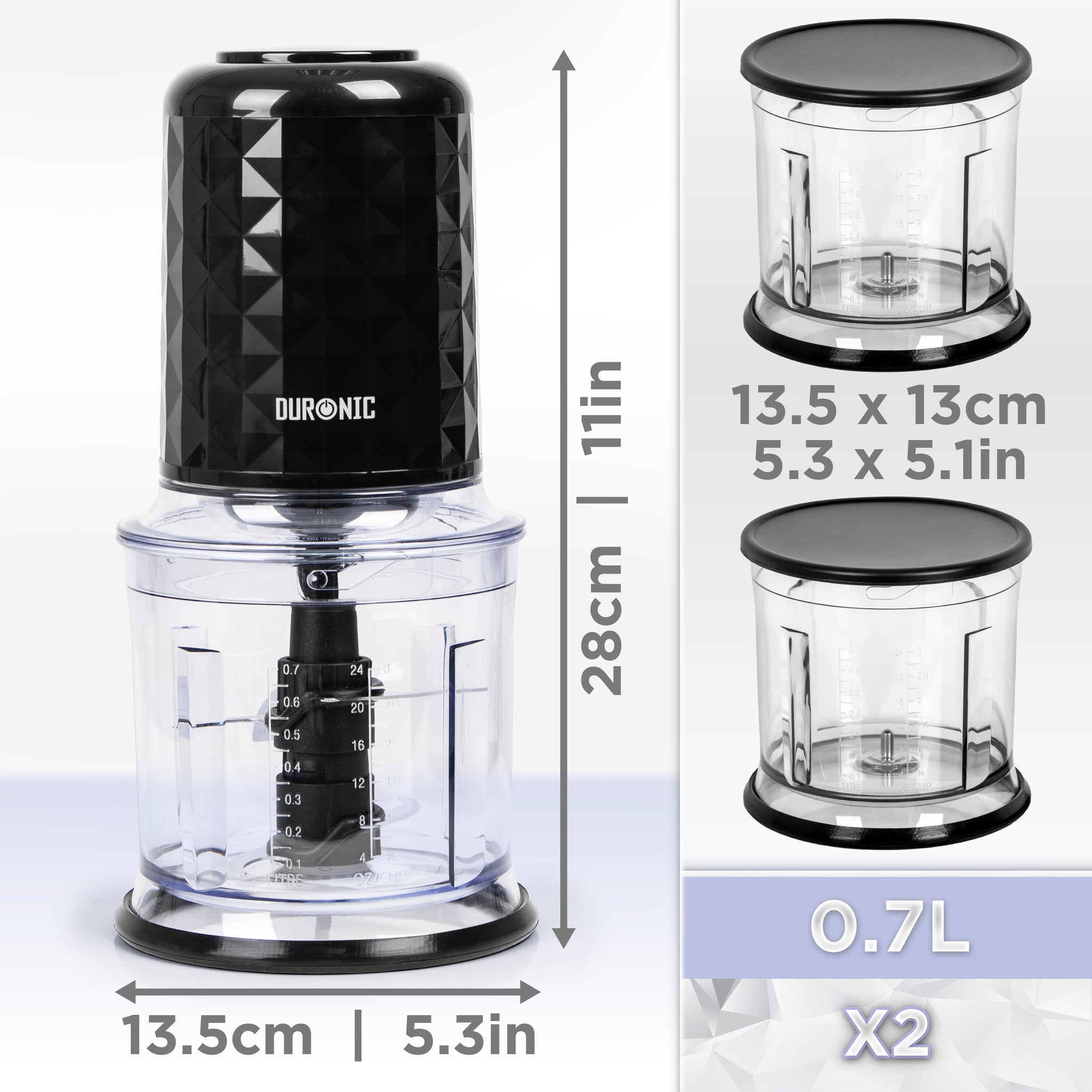 Duronic CH57 BK Mini Tritatutto 500W con 2 Ciotole 700 ml con Coperchio, Robot da Cucina Multifunzione per Verdure Frutta Carne Spezie, 4 Lame Acciaio Inox, Funzione Impulso, Preparazione Salse Nero