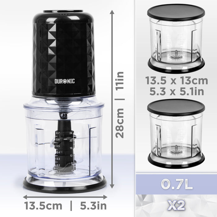 Duronic CH57 BK Mini Tritatutto 500W con 2 Ciotole 700 ml con Coperchio, Robot da Cucina Multifunzione per Verdure Frutta Carne Spezie, 4 Lame Acciaio Inox, Funzione Impulso, Preparazione Salse Nero