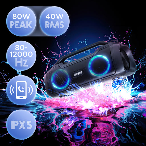 Duronic BX48 Altoparlante Bluetooth portatile 80W | Boombox wireless con luci RGB | Resistente all'acqua IPX5 | Durata della batteria di 4,5 ore | Cassa Bluetooth senza fili Compatibile con USB-AUX