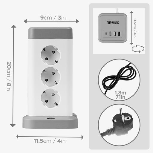 Duronic ET12C Torre Multipresa 3680W con 12 Prese di Corrente + 4 Porte USB (3 USB-A e 1 USB-C), Spina UE Tipo C