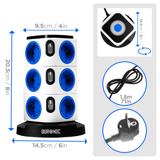 Duronic ET12L Multipresa Torre 3680W con 12 Prese Schuko, 3 USB, Luce LED Notturna Touch, Ciabatta Elettrica Verticale, Protezione Sovraccarico, Cavo 1.8m, Torre Multipresa USB Casa Ufficio Gaming TV