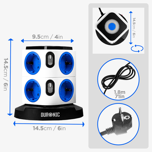 Duronic ET8L Multipresa Torre 3680W con 8 Prese Schuko + 3 USB + Luce LED Notturna Touch, Ciabatta Elettrica Verticale con Protezione Sovraccarico e Cavo 1.8m, Torre Multipresa USB Casa Ufficio