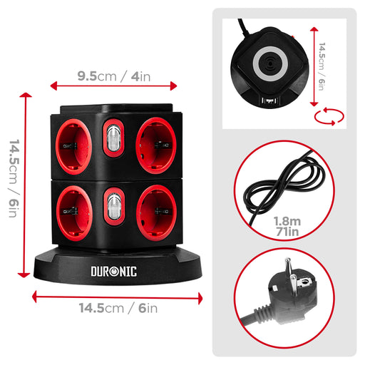 Duronic ET8W Multipresa Torre 3680W con 8 Prese Schuko + 3 USB + Ricarica Wireless 10W, Ciabatta Elettrica Verticale con Protezione Sovraccarico e Cavo 1.8m, Torre Multipresa USB Casa Ufficio
