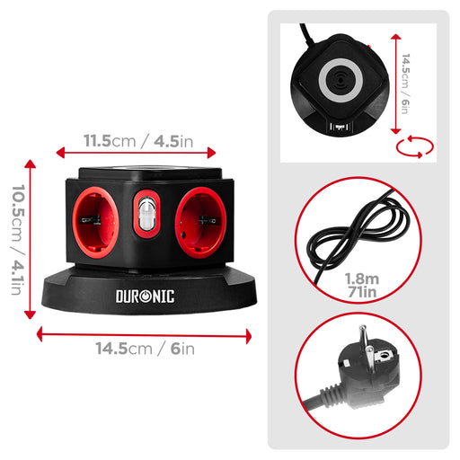 Duronic ET4W Multipresa Torre 3680W con 4 Prese Schuko + 3 USB + Ricarica Wireless 10W, Ciabatta Elettrica Verticale con Protezione Sovraccarico e Cavo 1.8m, Multipresa USB per Casa Ufficio Cucina TV
