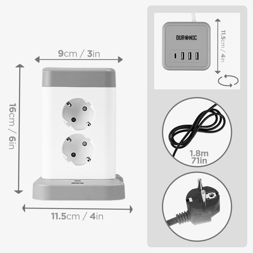 Duronic ET8C Multipresa Torre 3680W con 8 Prese Schuko + 3 USB-A + USB-C + Ricarica 4 Porte USB, Ciabatta Elettrica Verticale con Protezione Sovraccarico e Cavo 1.8m, Torre Multipresa Casa Ufficio