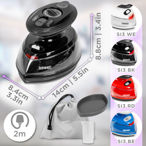 Duronic SI3 BK Mini Ferro da Stiro | Ferro da Viaggio a Vapore 400W | Serbatoio 35ml | Steamer Portatile con Base d’appoggio e borsello da Viaggio | per lavori di Cucito, Quilting | Nero