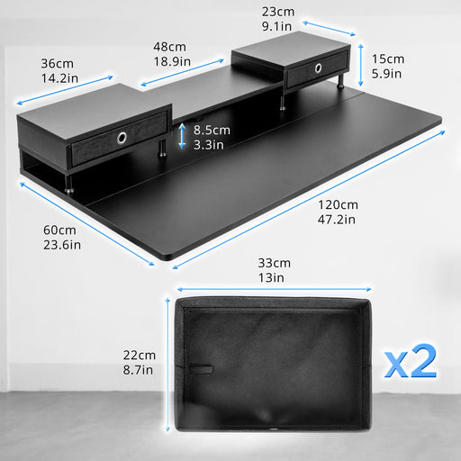 Duronic DD1 BK Piano Scrivania Nero con cassetti in tessuto| Dimensioni 60 x 120 x 17 cm| Da installare su telai di 120 cm | Ottimizzazione dello spazio| Professionale estetico e organizzato